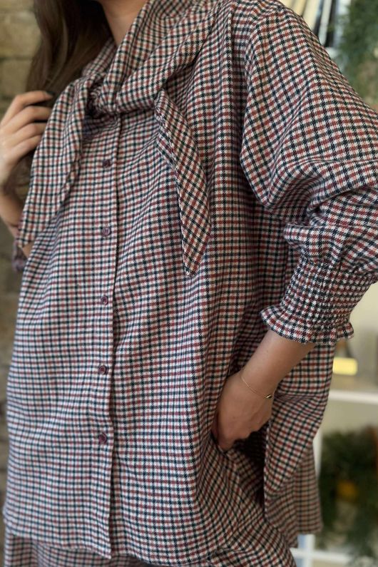 Donald Plaid Brushed Cotton Neckerchief Blouse Blackberry